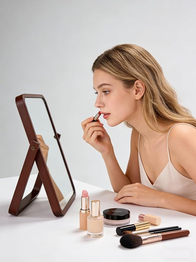 Honeystore Solid Wood Makeup Mirror, 360° Rotating Desktop Vanity Mirror, 9" x 7.1" HD Silver Mirror, Natural Wood Frame, Portable Tabletop & Wall Hanging Cosmetic Mirror (Dark Brown)