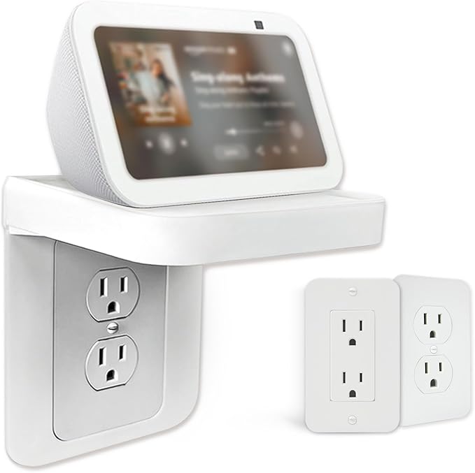 Outlet Shelf with Built-in Cord Storage, No-Drill Wall Mount for Smart Display & Speaker, Space-Saving Organizer for Kitchen, Bathroom & Bedroom, Fits Decora & Duplex Outlet (White, 1 Pack)