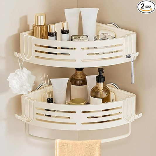 Conworld Corner Shower Caddy Suction Cups, Corner Shower Shelf With a Towel Bar, Shower Organizer Suction for Bathrooms Storage with Hooks, No-Drilling Removable (Aluminum, 2-Pack, Cream)