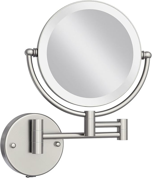 Makeup Mirror Wall Mounted with Lights and 10X Magnification, 8 Inches Rechargeable Double Sided Magnifying, Touch Dimmable Extended Arm 360 Rotation, Foldable Cosmetic Mirror Brushed Nickel