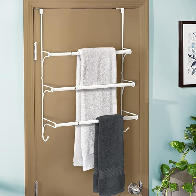 AULEDIO Adjustable Over The Door Triple Towel Rack with Hooks,White