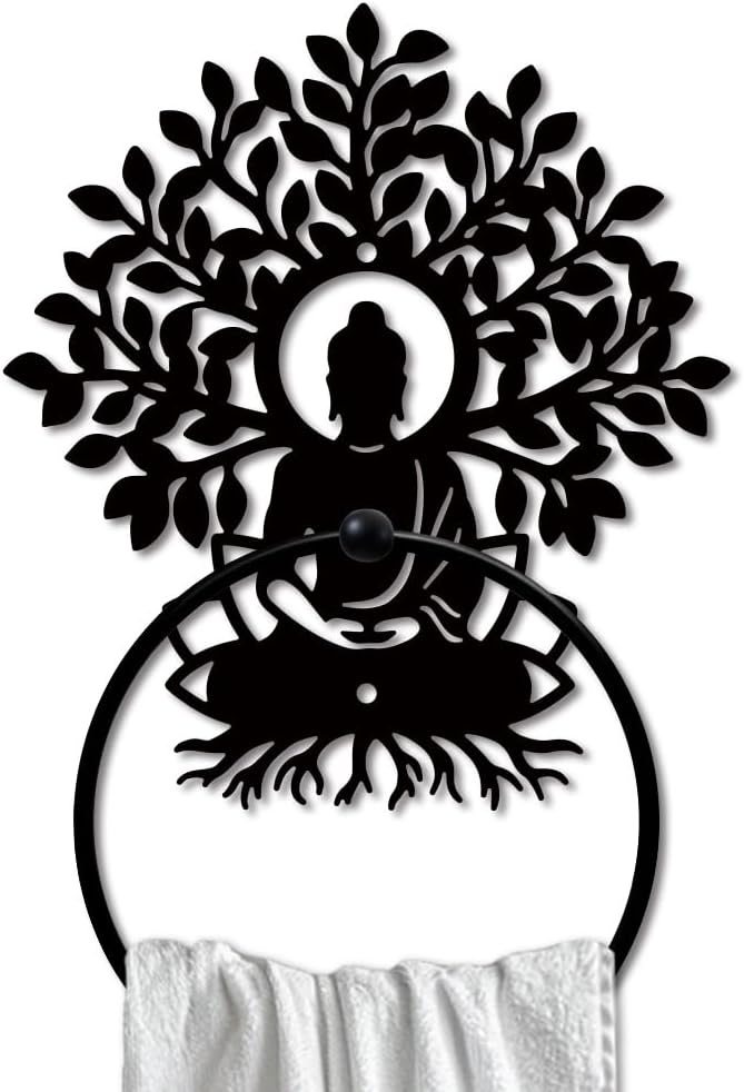 MAYJOYDIY Buddha Metal Towel Ring Tree of Life Towel Holder Lotus Buddha Meditation Towel Ring Rack Wall Mounted Black Art Towel Rack for Bathroom Kitchen Towel Hanger Home Decors Gift