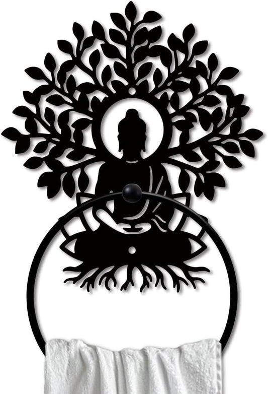 MAYJOYDIY Buddha Metal Towel Ring Tree of Life Towel Holder Lotus Buddha Meditation Towel Ring Rack Wall Mounted Black Art Towel Rack for Bathroom Kitchen Towel Hanger Home Decors Gift