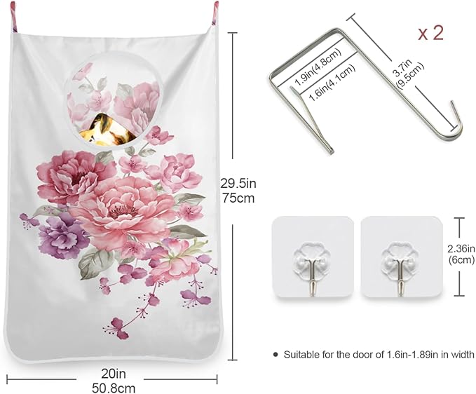 Hanging Laundry Hamper Floral with Stainless Steel Hooks,Oxford Fabric Printing Door Laundry Clothes Bag, 29.5X20inch 2PCS