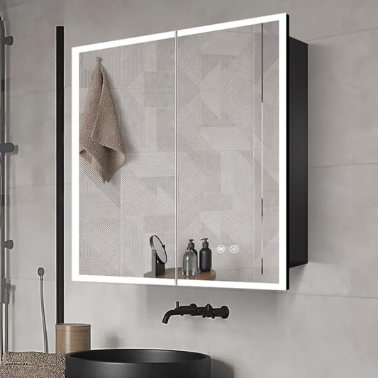 LED Medicine Cabinet with Light,30×32inch,Recess Mirror Cabinet for Bathroom,3 Color,Dimmable,Demister,Detachable Side Plate,Recess Mount or Surface Mount