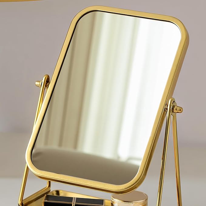 Gold Desk Mirror Rectangular Tabletop Vanity Makeup Mirrors with Metal Stand and Storage 360°Rotation Adjust Table Mirror Portable Cosmetic Mirrors for Dressing Bathroom Bedroom