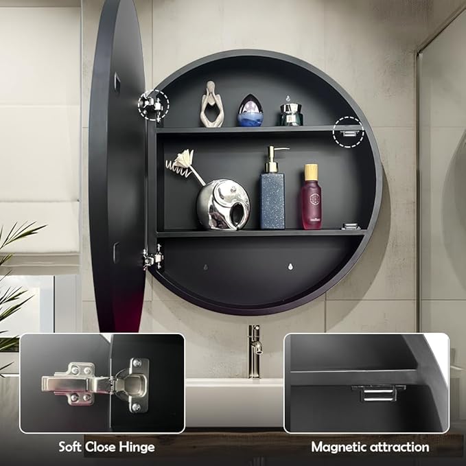Round Medicine Cabinet,Medicine Cabinet with Mirror,Aluminum Framed,Soft Close Hinge,20inch,Black