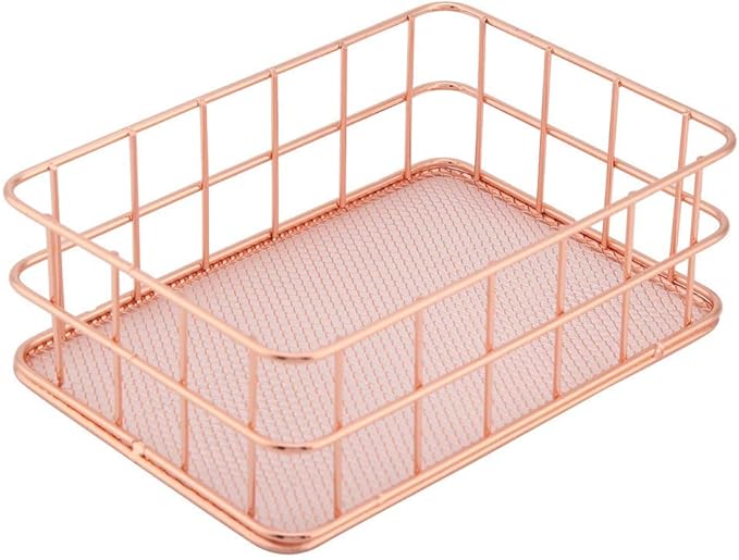 Fdit Makeup Storage Basket Organizer Rose Gold Iron Cosmetic Storage Holder Desktop Decor Household Woman Girl Lady(C)