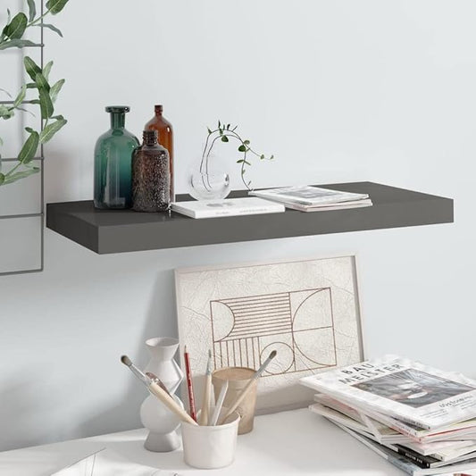 Floating Wall Shelf High Gloss Gray 23.6x9.3x1.5 Invisible Mount Display Rack for Living Room Decor Modern Home Organizer MDF Board Storage