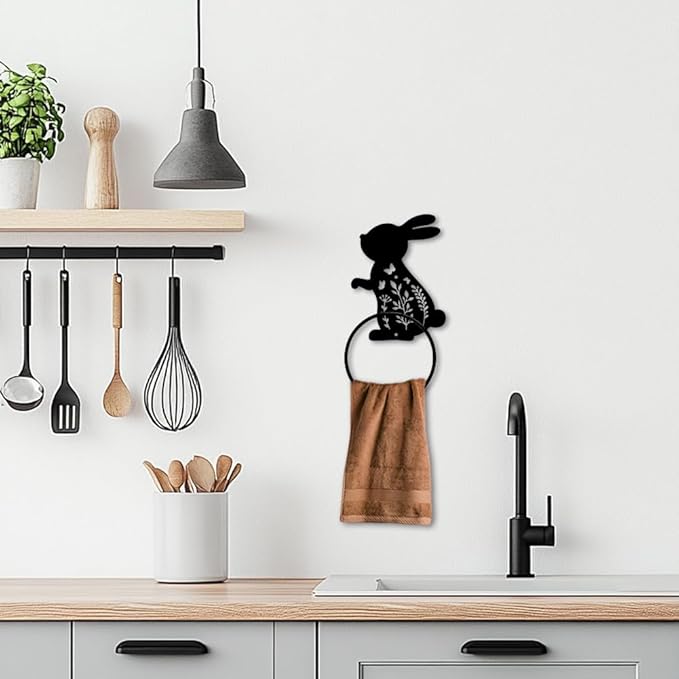 MAYJOYDIY Rabbit Metal Towel Ring Easter Bunny Towel Holder for Wall Leaf Plant Butterfly Towel Ring Black Towel Rack Wall Mounted for Bathroom Kitchen Towel Hanger Home Decors Gift