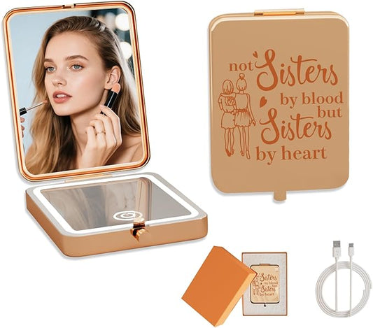 Personalized Engraved Compact Mirror for Sister Rose Gold 3x Magnifying Mirror with LED Light, Birthday Gift, Friendship Gifts for Best Friend, Ideal for Christmas Wedding Graduation Stocking Stuffers