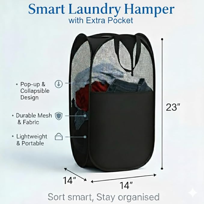 2-in-1 hanging laundry hamper Bag + Pop-up mesh laundry basket, XL Over the door bag 36x22in with bottom zipper & front pocket, 600D Oxford, space-saving, foldable, hooks for home, dorm, RV & travel