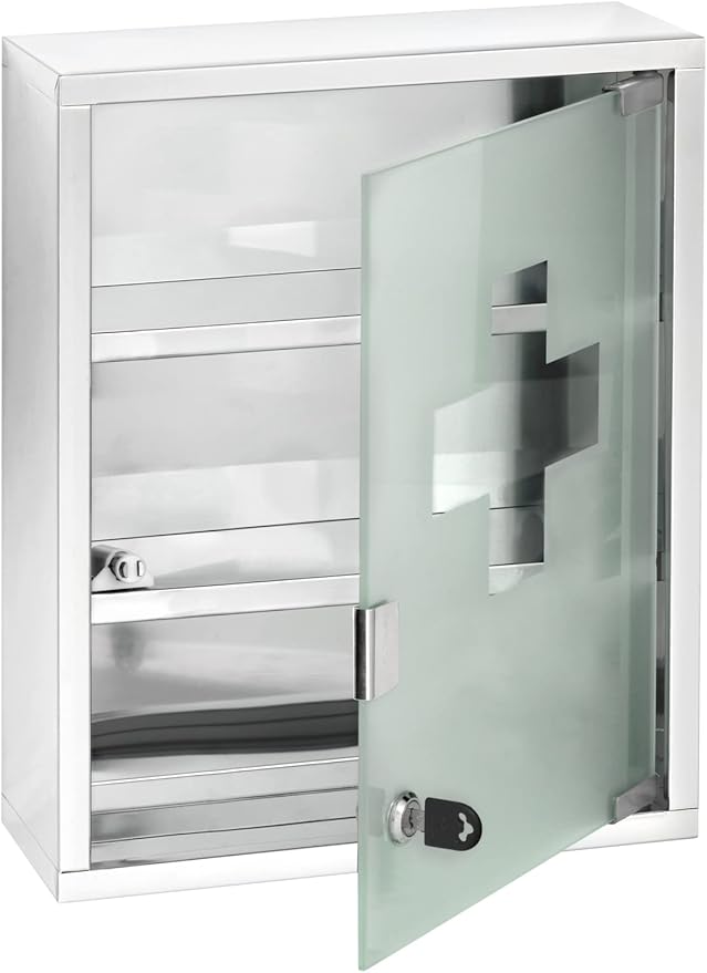 WENKO Medicine Cabinets with Lock, Wall Mounted Over The Toilet Storage Shelves, First Aid Bathroom Wall Cabinet with Safety Glass Door, Medium, 11.8 x 15.7 x 4.7 in, Silver Shiny