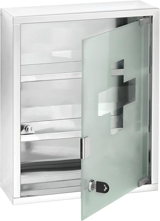 WENKO Medicine Cabinets with Lock, Wall Mounted Over The Toilet Storage Shelves, First Aid Bathroom Wall Cabinet with Safety Glass Door, Medium, 11.8 x 15.7 x 4.7 in, Silver Shiny