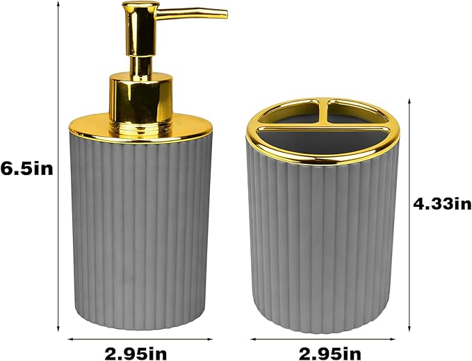 Bathroom Accessories Set, 2-Piece Gray & Gold Soap Dispenser & Toothbrush Holder, Modern ABS Vanity Organizer for Countertop, Minimalist Bathroom Decor