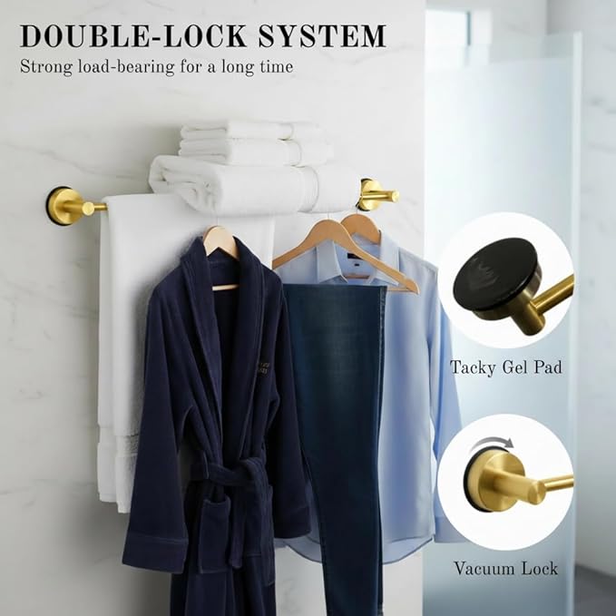 Suction Cup Towel Bar 17-28 Inch Adjustable Retractable Stainless Steel Towel Rack for Bathroom, RV & Renters - No Drill Heavy Duty Wall Mounted Holder, Removable for Glass & Tile (1, Golden)