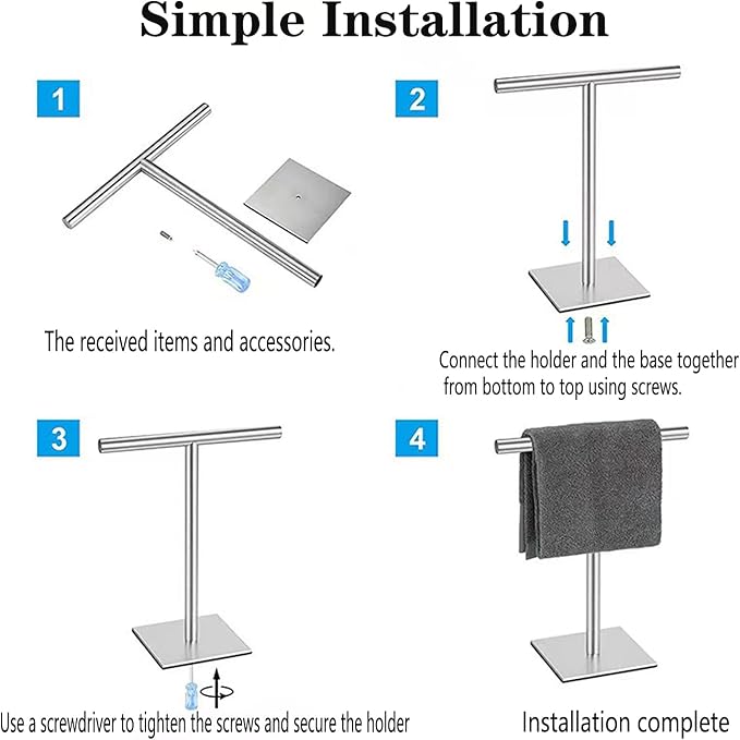 Freestanding Hand Towel Holder Countertop Modern Stand Towel Rack with Square Base Space Saving 304 Stainless Steel Hand Towel Holder Silver Finished
