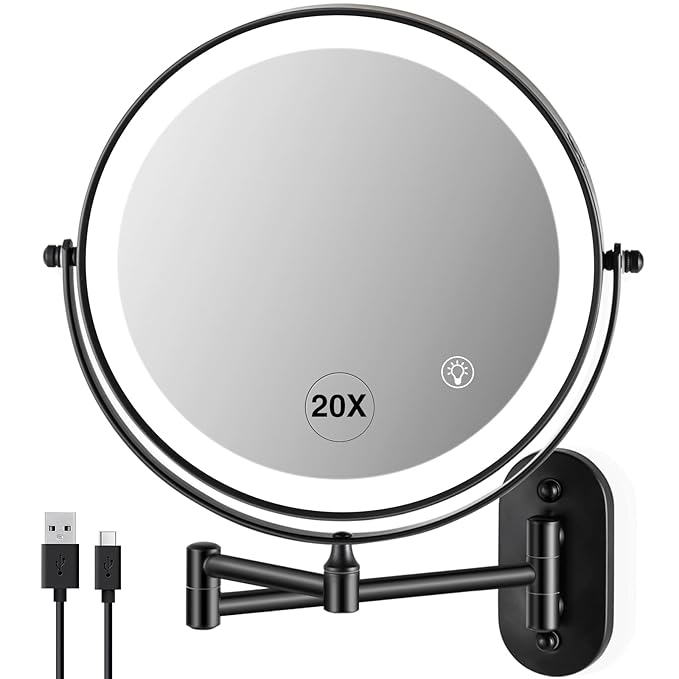 Wall Mounted Makeup Mirror: 1x/20X Magnifying Mirror with Light, 8.5" Double Sided Lighted Makeup Mirror with Magnification, Vanity Mirror for Bathroom, Brush Black