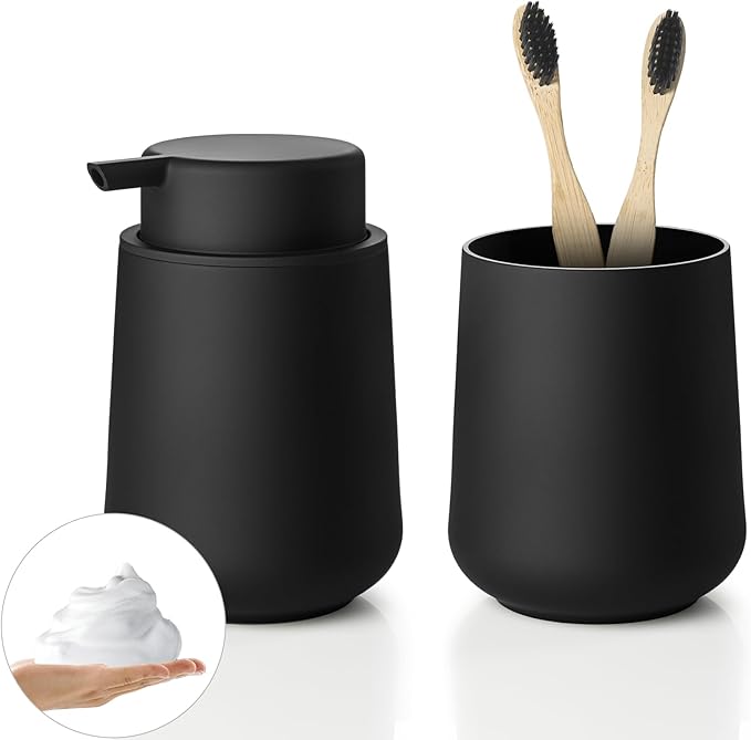 Matte Black Bathroom Toothbrush Holder Set Plastic Foaming Hand Soap Dispenser and Toothbrush Holders 2 Piece