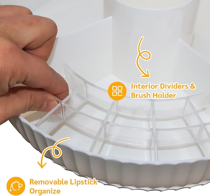 Rotating Makeup Organizer with Brush Holder Spinning Tray for Cosmetics, Skincare, Perfume Bathroom Vanity Storage, White