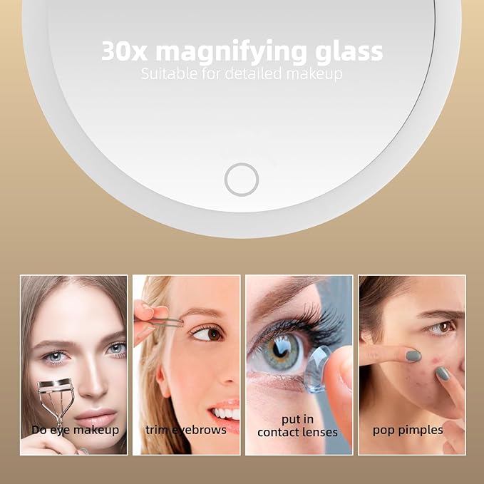 30X Magnifying Mirror with Lights, 6inch Makeup Magnified Mirror 30X Lighted Travel Magnification with 3 Suction Cups and 360° Adjustable Stand- Includes Tweezers & Scissors