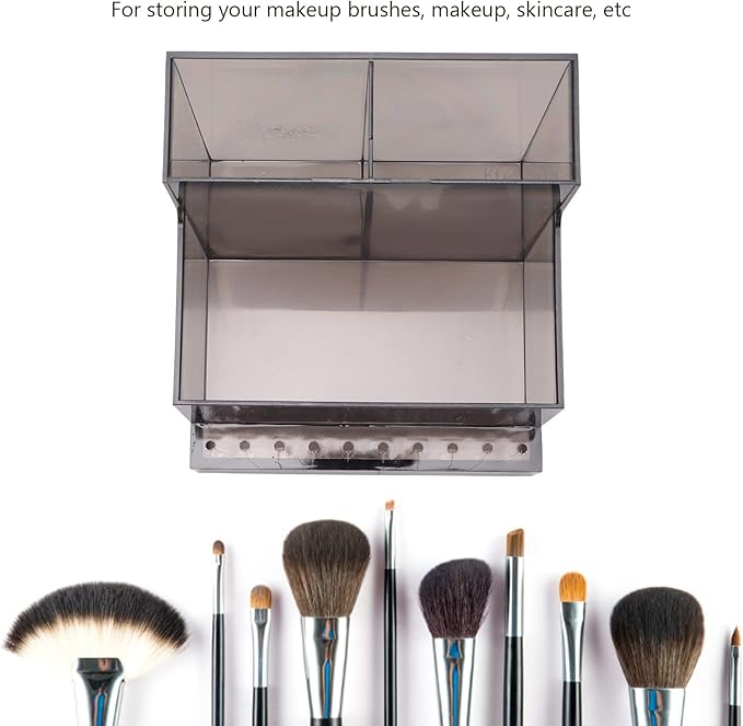 Sonew Brush Holder, Acrylic Black Clear Makeup Brush Storage Box, Cosmetics Organizer with 6 Compartments, Desk Storage Container for Skin Care Products
