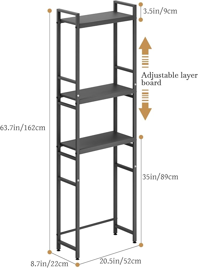 Over Toilet Shelf with Adjustable 3-Tier Shelves & Anti-Slip Base, Freestanding Bathroom Storage Rack, Heavy-Duty Carbon Steel Organizer, Space Saving for Bathroom Laundry, 52x22x162cm Black