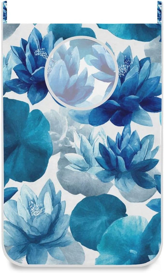 Ink Blue Lotus Flower Hanging Laundry Hamper Door Hampers Bag Basket with Stainless Steel Hooks Oxford Fabric Printing Decorative Clothes Bags 29.5X20inch 1Pack
