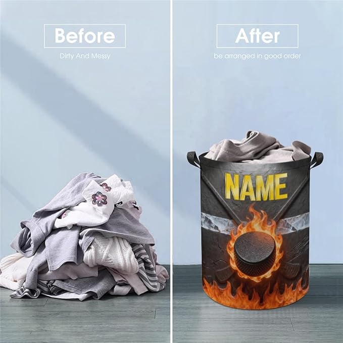 Personalized Ice Hockey Laundry Hamper Custom Name Funny Dirty Clothes Laundry Basket Portable Storage Basket For Home Bathroom Family Hockey Lovers Xmas Birthday (style 20)