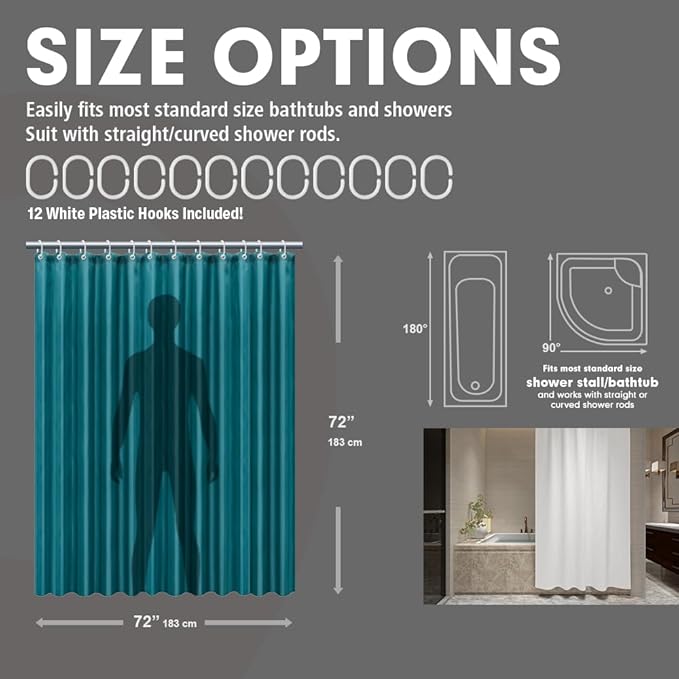 Strip White Fabric Shower Curtain with Magnets - 85 GSM Heavy Duty Waterproof Bath Curtain, 12 Reinforced Metal Grommets (72x72 Inches)