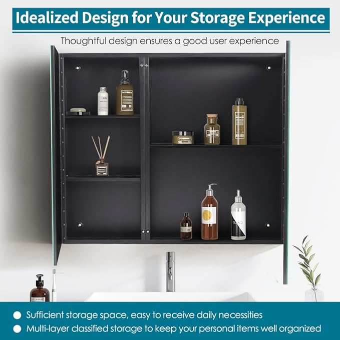 Movo 32 Inch x 28 Inch Mirrored Medicine Cabinet, Frameless Black Medicine Cabinet for Bathroom with Mirror,Surface Mount Bathroom Medicine Cabinet with Storage