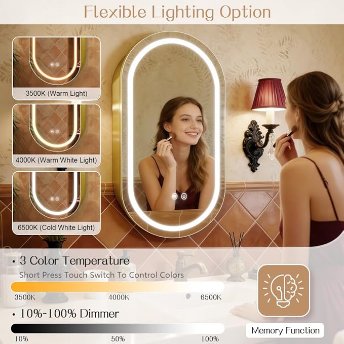 Oval Medicine Cabinet with Light,LED Medicine Cabinet,USB Shaver Socket,Internal Light,Steel with Powder Coating,Soft Closing Hinge,Gold,16×28inch