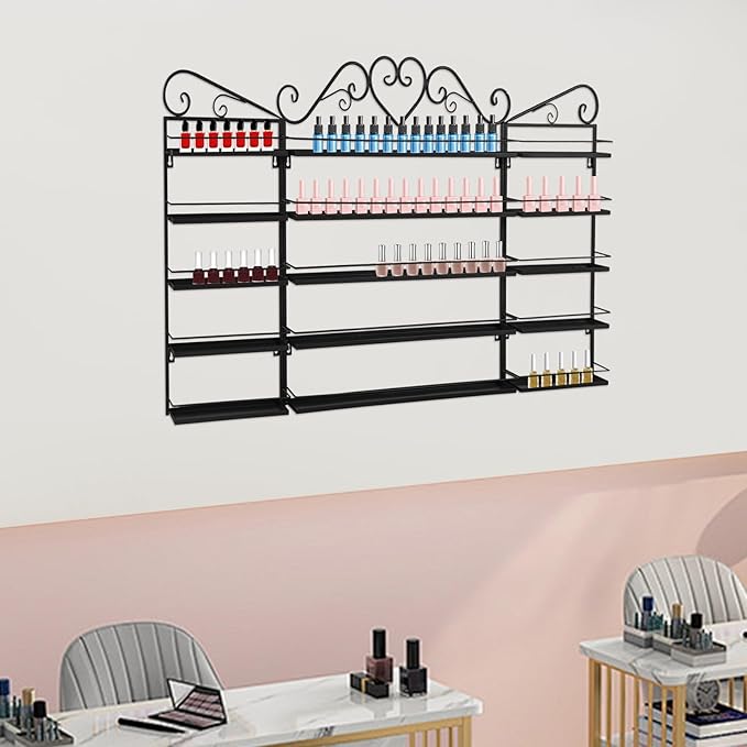5 Tiers Wall-Mounted Nail Polish Storage Racks 3 Pcs Metal Nail Polish Shelf Nail Polish Holder Cosmetic Display Rack for Home Bathroom Beauty Salons,47.63 * 2.56 * 27.95 in (Black)