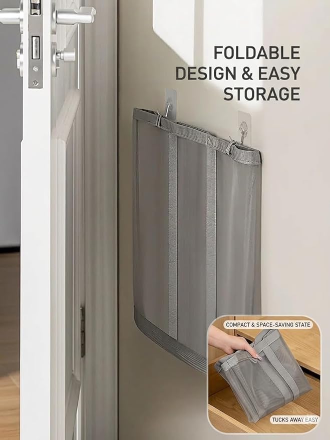 Wall-Mounted Foldable Laundry Basket, 41L Collapsible Mesh Hamper, Hanging Storage Bag for Bathroom, Dorm, Travel, Beach, Camping, Reinforced Handles, Grey