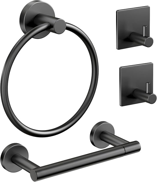 Pokim Bathroom Hardware Set - SUS304 Stainless Steel Wall Mount Toilet Paper Holder,Hand Towel Ring,Robe Hooks,Rustproof,Matte Black,Easy Installation for Bathroom