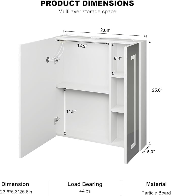 Medicine Cabinet with Lights,Bathroom Medicine Cabinet with Mirror 2 Doors,Lighted Led Mirrored Medicine Cabinets with Defogger,Wall Mounted,24x26 Inch