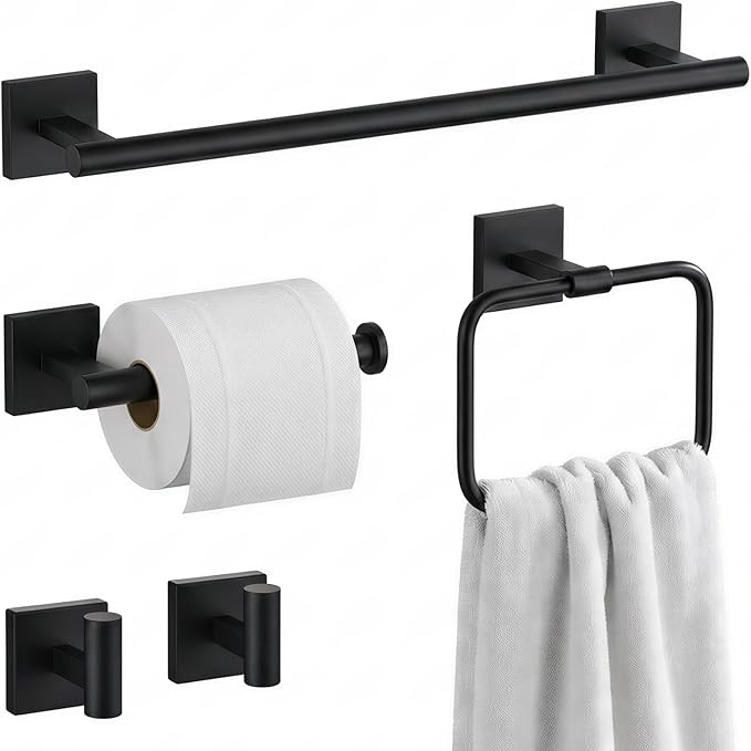 16" Matte Black Bathroom Hardware Accessories Set 5-Piece for RV Camper, SUS304 Stainless Steel Rustproof Towel Bar Kit, Durable Powder Coated Finish with 2 Robe Hooks (Matte Black)