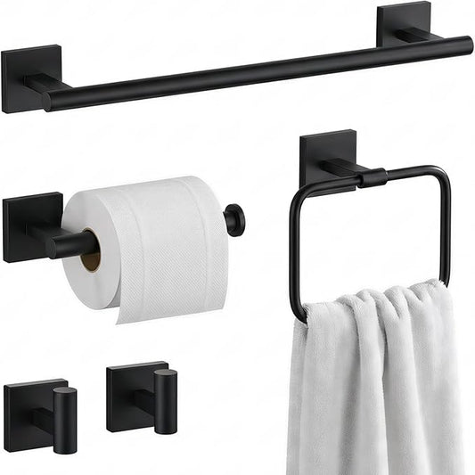 16" Matte Black Bathroom Hardware Accessories Set 5-Piece for RV Camper, SUS304 Stainless Steel Rustproof Towel Bar Kit, Durable Powder Coated Finish with 2 Robe Hooks (Matte Black)
