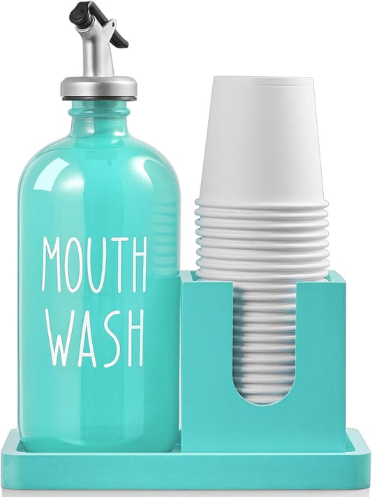 Turquoise Mouthwash Dispenser for Bathroom, 16 OZ Glass Mouthwash Dispenser with Wood Cup Holder and Tray, Mouth Wash Bottle Container, Teal Kitchen Bathroom Decor and Accessories