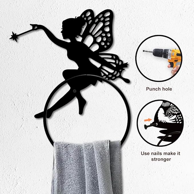 MAYJOYDIY Fairy Metal Towel Ring Elf Wings Towel Holder for Wall Fantasy Fairy Wand Towel Ring Black Plant Towel Rack Wall Mounted for Bathroom Kitchen Towel Hanger Home Decors Gift