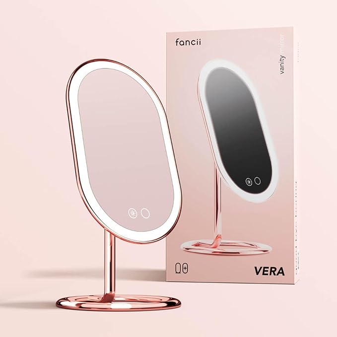 Fancii LED Lighted Vanity Makeup Mirror, Rechargeable - Cordless Illuminated Cosmetic Mirror with 3 Dimmable Light Settings, Dual Magnification - Vera (Rose Gold)