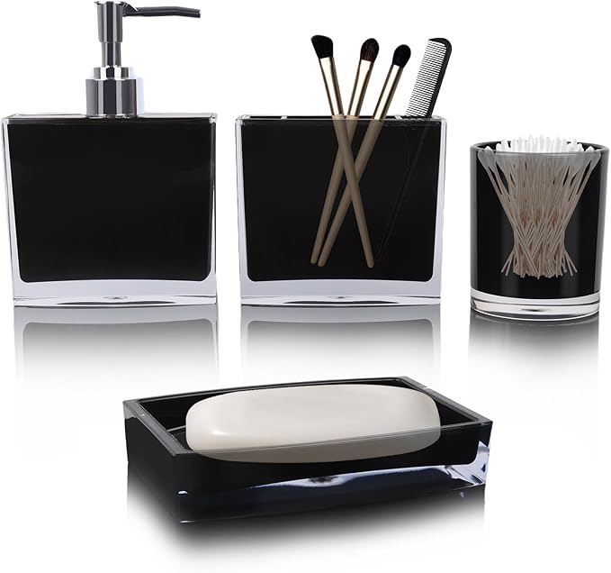 4-Piece Sleek Black Acrylic Bathroom Accessories Set — Soap Dispenser, Toothbrush Holder, Soap Dish & Mouthwash Cup, Vanity Countertop Organizer for Modern Black Bathroom Decor