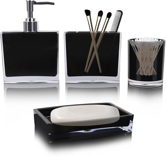 4-Piece Sleek Black Acrylic Bathroom Accessories Set — Soap Dispenser, Toothbrush Holder, Soap Dish & Mouthwash Cup, Vanity Countertop Organizer for Modern Black Bathroom Decor