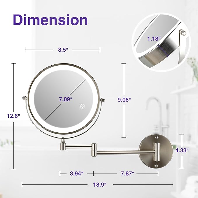 GREENFROM Magnifying Mirror with Lights 1x/15x: 8.5" Double Sided Wall Mounted Lighted Makeup Mirror for Bathroom, Brushed Nickel