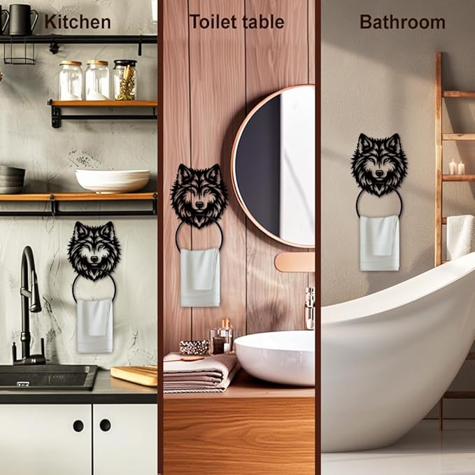 MAYJOYDIY Wolf Metal Towel Ring Animal Theme Bath Towel Ring Wolf Wildlife Towel Holder Wall Mounted Black Art Towel Rack for Bathroom Kitchen Towel Hanger Home Decors Gift