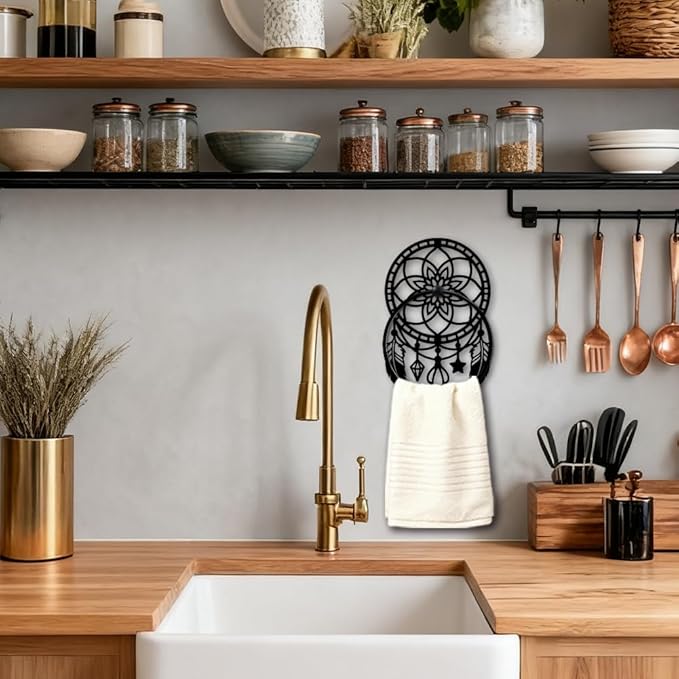 MAYJOYDIY Pumo Metal Towel Ring Round Floral Dream Catcher Net Hand Towel Holder Ring Hanger Black Vintage Towels Wall Organizer for Kitchen Bath Home Laundry Room Decors Gifts