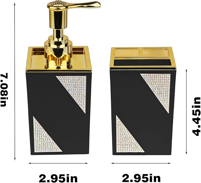 Bathroom Accessories Set, Square 2-Piece Black Soap Dispenser & Toothbrush Holder with Sparkling Inlaid Diamonds, Modern Geometric Vanity Set