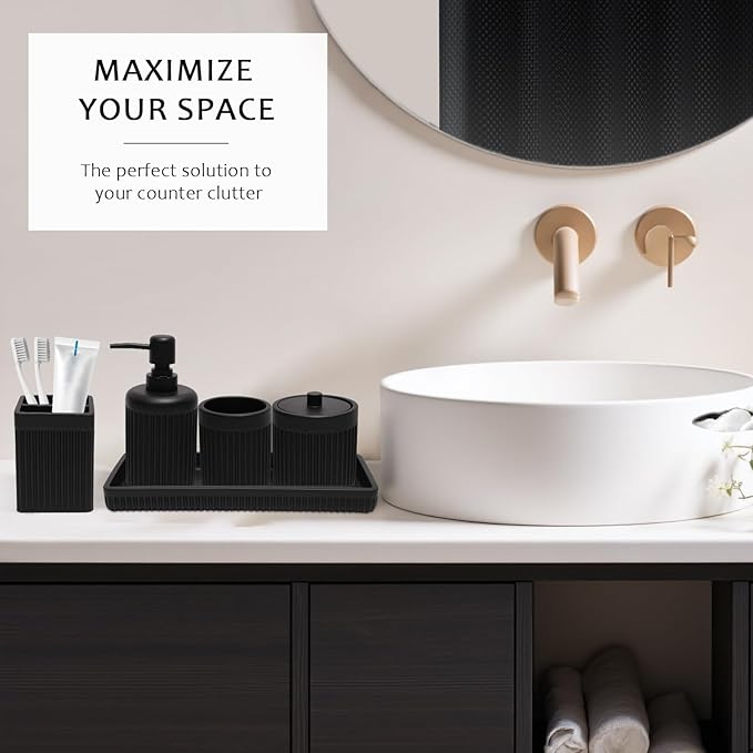 XLHOMO Matte Black Bathroom Sets with Shower Curtain and Rugs, 8-Piece Resin Bathroom Accessories Sets Complete, Soap Dispenser, Toothbrush Holder, Tumbler, Tray & Apothecary Jars Bathroom Essentials
