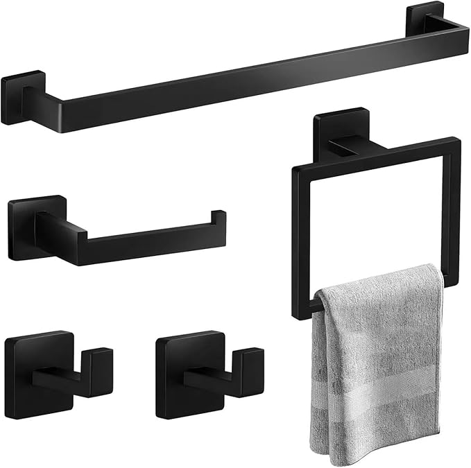 Bathroom Hardware Set Square,5 Pieces Bathroom Hardware Accessories Set Includs16 inch Towel bar, Towel Ring, Toilet Paper Holder, Towel Hooks (Black-5PCS-16Inch)