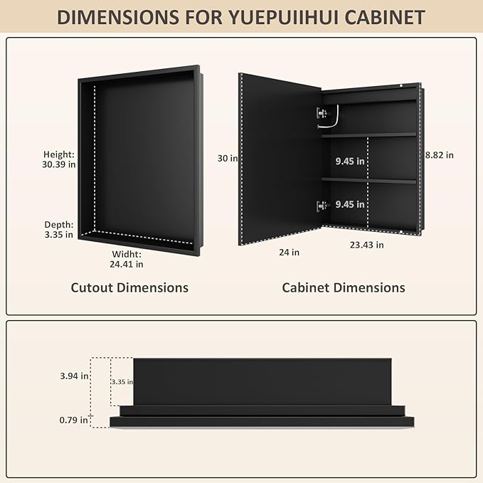 24X30 Inch Lighted Medicine Cabinet, Recessed Medicine Cabinet with Adjustable 3-Color, Brightness Dimming, Defogger, Wall Mounted